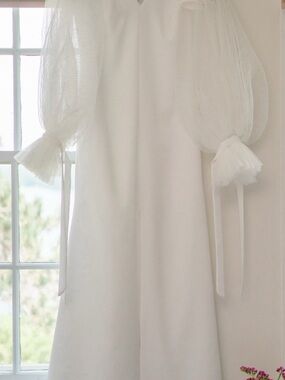 Elegant White Wedding Dress with Sheer Puff Sleeves